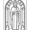 A line drawing of a figure resembling a saint, holding a scroll, set within an ornate arch. The figure has a beard and wears a robe, framed by stained glass window designs.