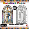 Stained glass-themed coloring pages featuring intricate designs of church windows, perfect for a cozy coloring book experience at artcoloringpage.com.