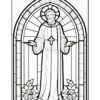 A black and white illustration of a figure with long hair and a beard, standing in front of a stylized stained glass window, wearing a robe with a cross on it, and holding arms open, amidst flowers at the bottom.