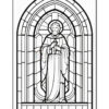 A black and white line drawing of a stained glass window depicting a figure standing with a serene expression, wearing a robe and holding a small object, surrounded by an ornate arch and geometric designs.