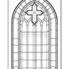 An outline illustration of a gothic-style window featuring an arched top, intricate stonework, and a central cross design, suitable for coloring.