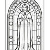 A black and white coloring page of a stained glass window featuring a figure with long hair, wearing a robe and holding hands in a prayer position, framed by an ornate arch and circular designs around the figure.
