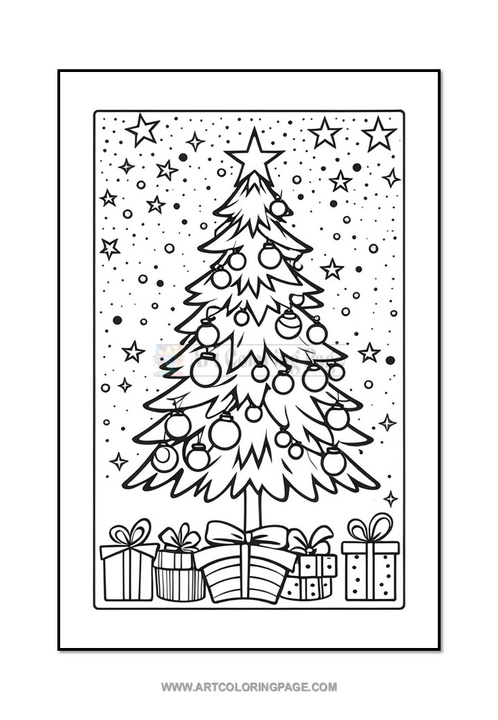A black and white coloring page featuring a Christmas tree adorned with ornaments and surrounded by several gift boxes at the bottom, with stars scattered in the background.