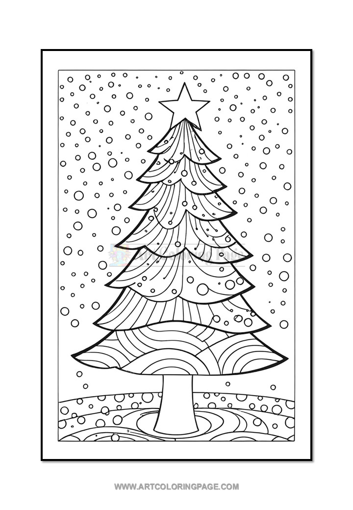 A black and white coloring page featuring a decorated Christmas tree with a star on top, surrounded by snowflakes and circular ornaments.