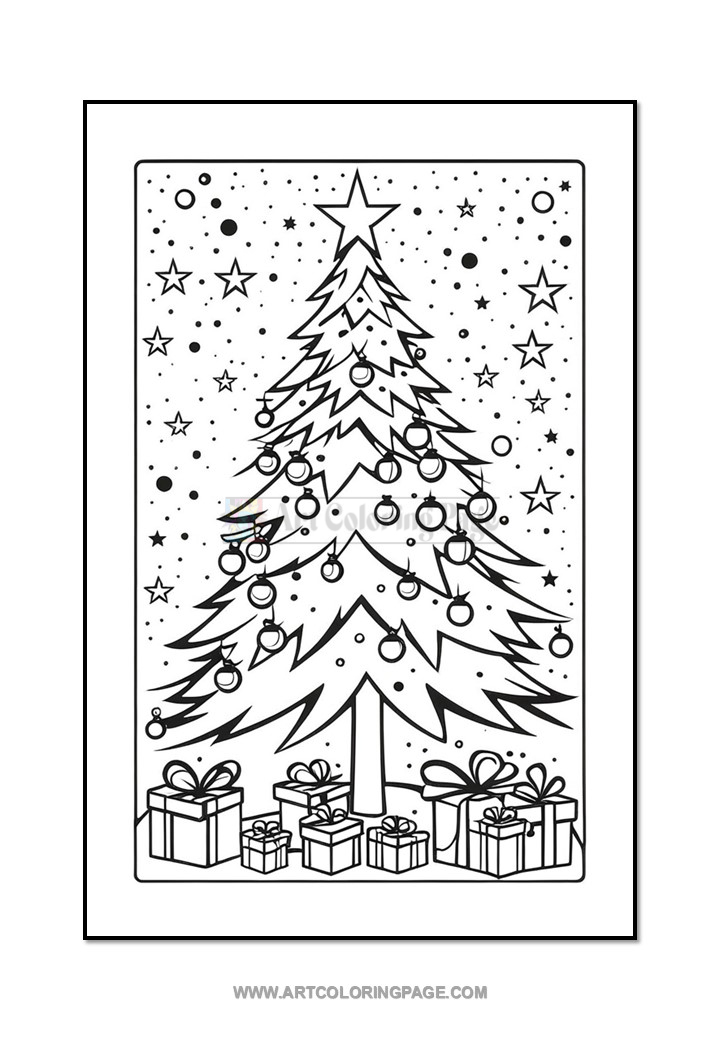 A black and white coloring page featuring a decorated Christmas tree surrounded by gift boxes, with stars and snowflakes in the background.