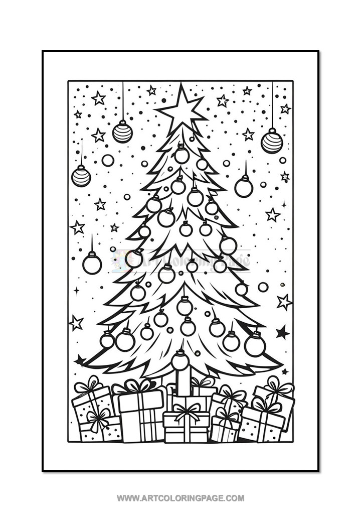 A coloring page featuring a decorated Christmas tree surrounded by wrapped gifts, with stars and ornaments hanging in the background.