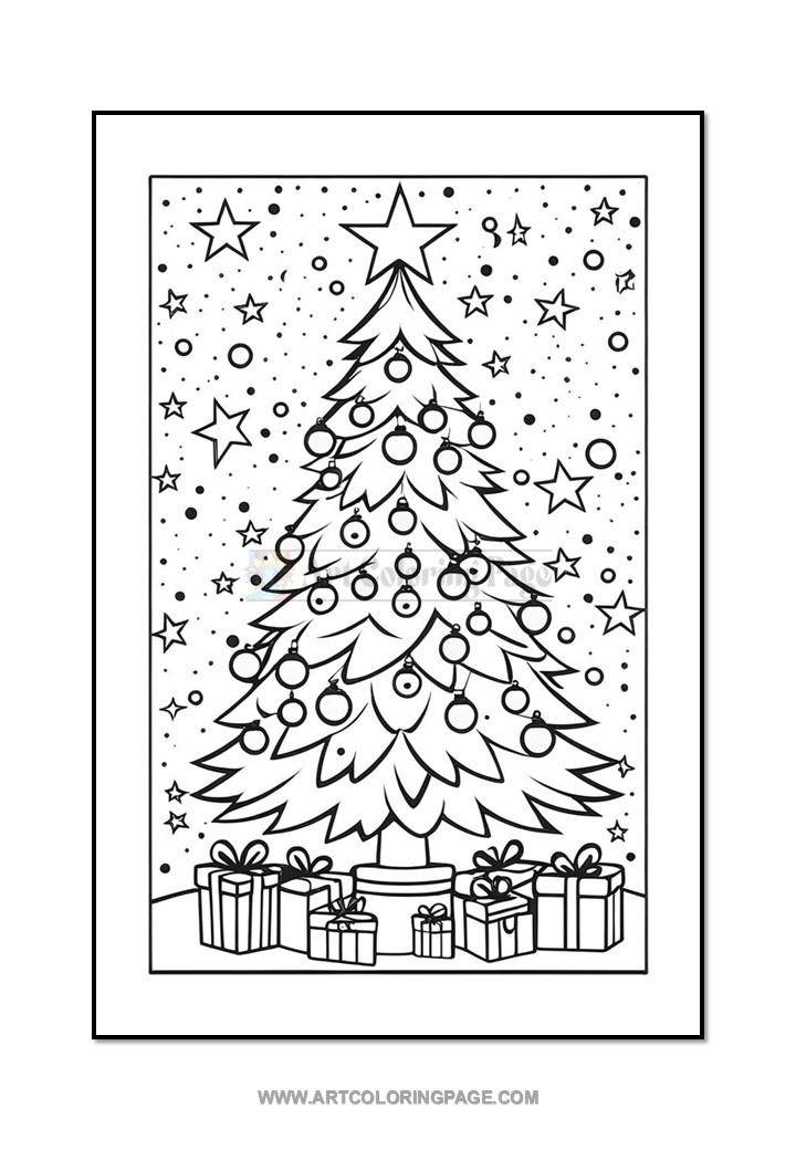A black and white coloring page featuring a decorated Christmas tree with ornaments and a star on top, surrounded by stars and snowflakes, with wrapped gifts beneath the tree.