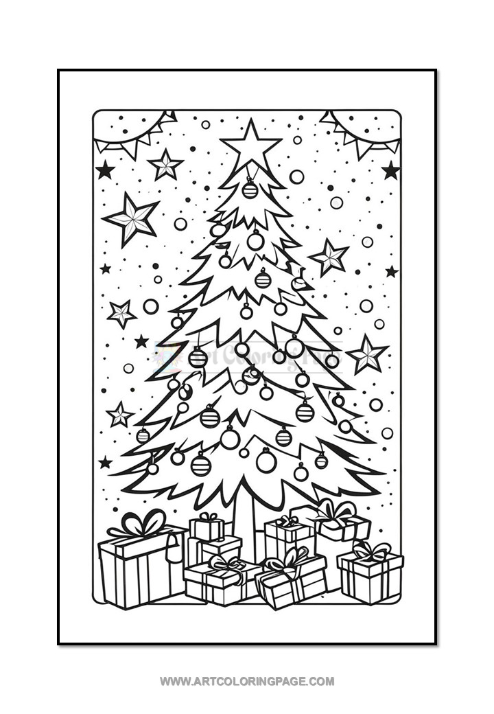 A black and white coloring page featuring a Christmas tree adorned with ornaments and surrounded by wrapped presents, set against a backdrop of stars and snowflakes.