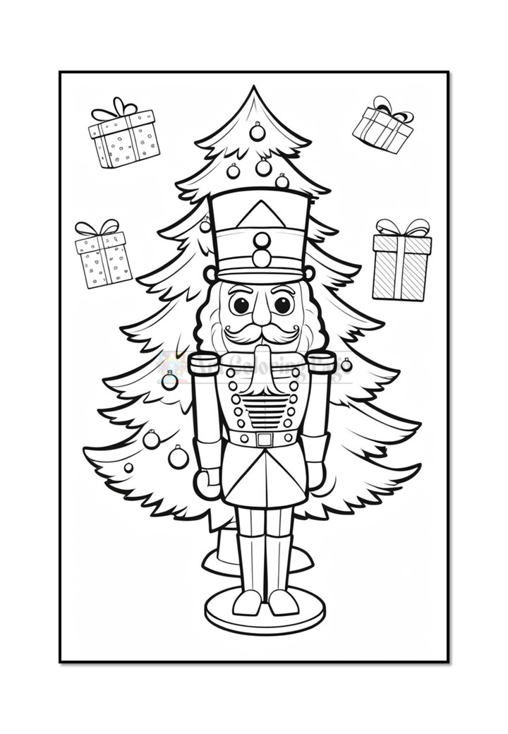 A black and white outline drawing for coloring featuring a nutcracker soldier standing in front of a decorated Christmas tree with gifts nearby.