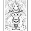 A cartoon-style elf character standing in front of a decorative, swirling background. The elf has pointed ears, a tall hat, and is wearing a short tunic with striped sleeves and an elf belt, along with boots. The image is outlined in black and is intended for coloring.