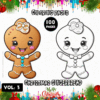 Christmas Gingerbread coloring pages featuring a colorful gingerbread character and a black-and-white outline for coloring. 100 pages from artcoloringpage.com.