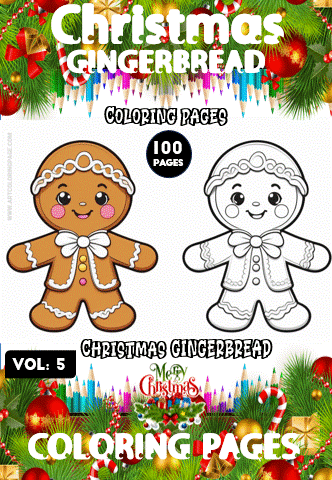 Gingerbread characters on a coloring book cover featuring "Christmas Gingerbread" with 100 pages, ideal for artcoloringpage.com.