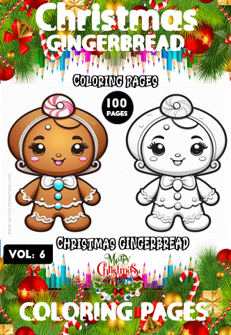 Gingerbread characters for a Christmas coloring book, featuring a decorated gingerbread man and a gingerbread girl, with "Christmas Gingerbread Coloring Pages" text.