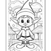 A cartoon elf with pointy ears and a big hat stands in a whimsical forest setting, surrounded by mushrooms and colorful orbs, outlined for coloring.