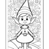 A black and white illustration of a cheerful elf with pointed ears and a tall, conical hat, standing on a wavy ground amidst swirling patterns in the background.