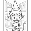 A cartoon elf character with pointy ears and a large pointed hat, standing on a circular platform in a whimsical setting filled with geometric patterns and a small pointed structure beside it, all outlined in black for coloring.