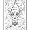 A black and white coloring page featuring a cheerful cartoon elf with pointy ears and a tall, striped hat, standing on a curved surface with bubbles and decorative swirls in the background.