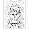 A cartoon elf character with a pointed hat and a cheerful smile, standing against a swirling background pattern. The elf has pointed ears and is wearing a simple outfit with a belt.