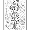A line art illustration of a cheerful elf wearing a pointed hat and a buttoned shirt, standing on a patterned surface with geometric and circular designs in the background.