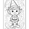 A black and white coloring page featuring a cheerful elf with pointed ears and a conical hat, standing among bubbles and swirling patterns.