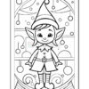 A black and white line drawing of a cheerful cartoon elf wearing a pointed hat and a tunic, standing in front of a decorated background with circles and swirls, designed for coloring.