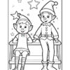 Two cartoon elves sitting on a bench, one wearing a short dress and striped socks, and the other in a suit with rolled cuffs, surrounded by stars in a coloring page design.