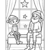 A black and white line drawing featuring an elf and a bearded man in festive attire sitting together on a bench near a window with stars and curtains, designed for coloring.