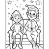 A black and white line art illustration of two elves sitting on a couch, decorated with stars in the background. The first elf has a young appearance, wearing a hat and overalls, while the second elf is older, wearing glasses and a festive outfit.