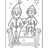 A black and white coloring page featuring a jolly Santa Claus with a white beard and red outfit, sitting on a couch with a cheerful elf in a green outfit, surrounded by stars.