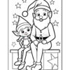 A black and white line drawing of a cheerful elf sitting on a box next to Santa Claus, both smiling and surrounded by decorative stars, designed for coloring activities.