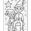 A black and white coloring page featuring two smiling elves sitting closely together on a bench, surrounded by stars in a festive setting.