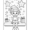 A black and white coloring page featuring a cheerful elf with pointed ears and a festive hat, sitting on a bench surrounded by star shapes and presents.
