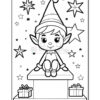 A black and white coloring sheet featuring a cheerful elf sitting on a box, surrounded by stars and two gift boxes below.