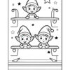 A black and white coloring page featuring three cheerful elves with pointed hats, sitting on a shelf with stars around them.