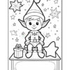 A black and white outline drawing of a cheerful elf wearing a pointy hat, seated on a bench with a large star beside him and a gift box in front. The background features several stars.