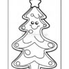 A black and white outline of a cartoon-style Christmas tree with a smiling face, decorated with circular ornaments and a star on top, designed for coloring.