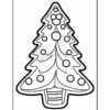 A black and white outline of a Christmas tree with round ornaments and a pot at the base, designed for coloring.