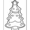 A black and white illustration of a Christmas tree with a star on top and ornaments, designed for coloring.