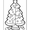 A black and white outline of a Christmas tree decorated with ornaments and star on top, positioned on a circular base with gingerbread cookie shapes at the bottom.