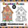 Coloring pages featuring a gingerbread house design, showcasing a colorful version alongside a black-and-white outline for coloring.