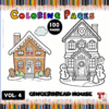 Gingerbread house coloring page featuring a colorful illustration alongside a black-and-white version, suitable for a coloring book.