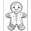 A smiling gingerbread man character with decorative icing patterns and a bowtie, designed as a coloring page.