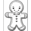 A black-and-white outline drawing of a cheerful gingerbread man with a bow tie and decorative icing details, suitable for coloring.