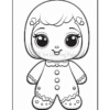 A cute cartoon character with big eyes and a bob haircut, wearing a dress with buttons and lace trim, outlined for coloring.