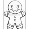 A black and white outline of a gingerbread man character, featuring a smiling face, button details, and decorative icing patterns on the arms and legs, suitable for coloring.