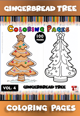 Coloring pages featuring a gingerbread tree, showcasing a decorated version and a black-and-white outline for coloring, from artcoloringpage.com.
