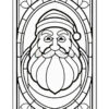 A black and white illustration of a cheerful Santa Claus with a bushy beard and a decorated hat, contained within an ornate, arched frame featuring floral designs.