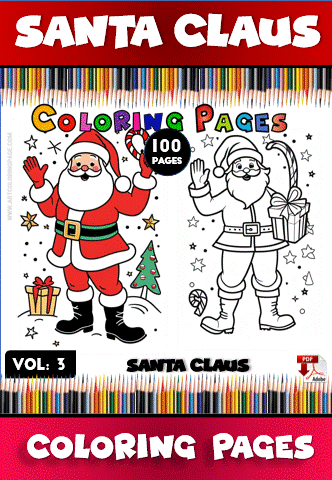 Santa Claus coloring pages from a 100-page coloring book, featuring festive designs suitable for artcoloringpage.com.