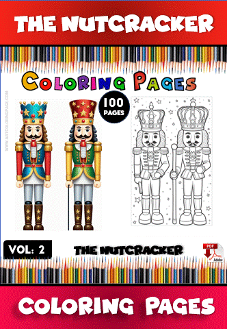 Nutcracker-themed coloring pages featuring colorful illustrations and a black and white version, ideal for a coloring book from artcoloringpage.com.