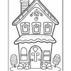 A black and white line drawing of a whimsical house with a steep roof, decorated with circular designs and star-shaped windows, surrounded by candy cane plants and an ice cream cone.